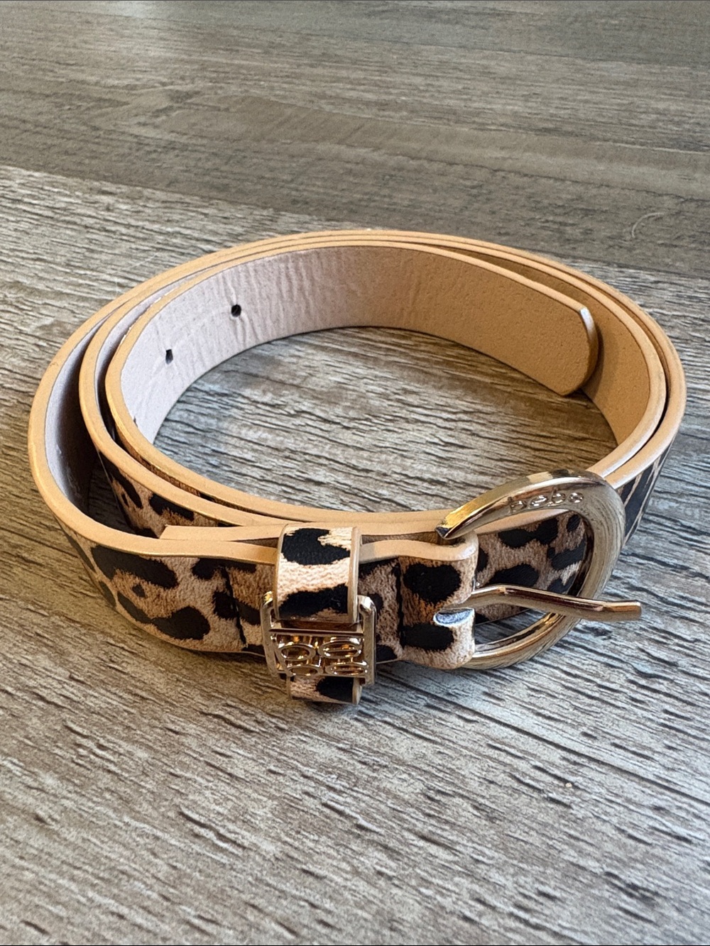 Bebe Leopard Print Tan and Black Leather Belt with Buckle - Picture 3 of 3